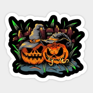 two witch pumpkins with garden illustration Sticker